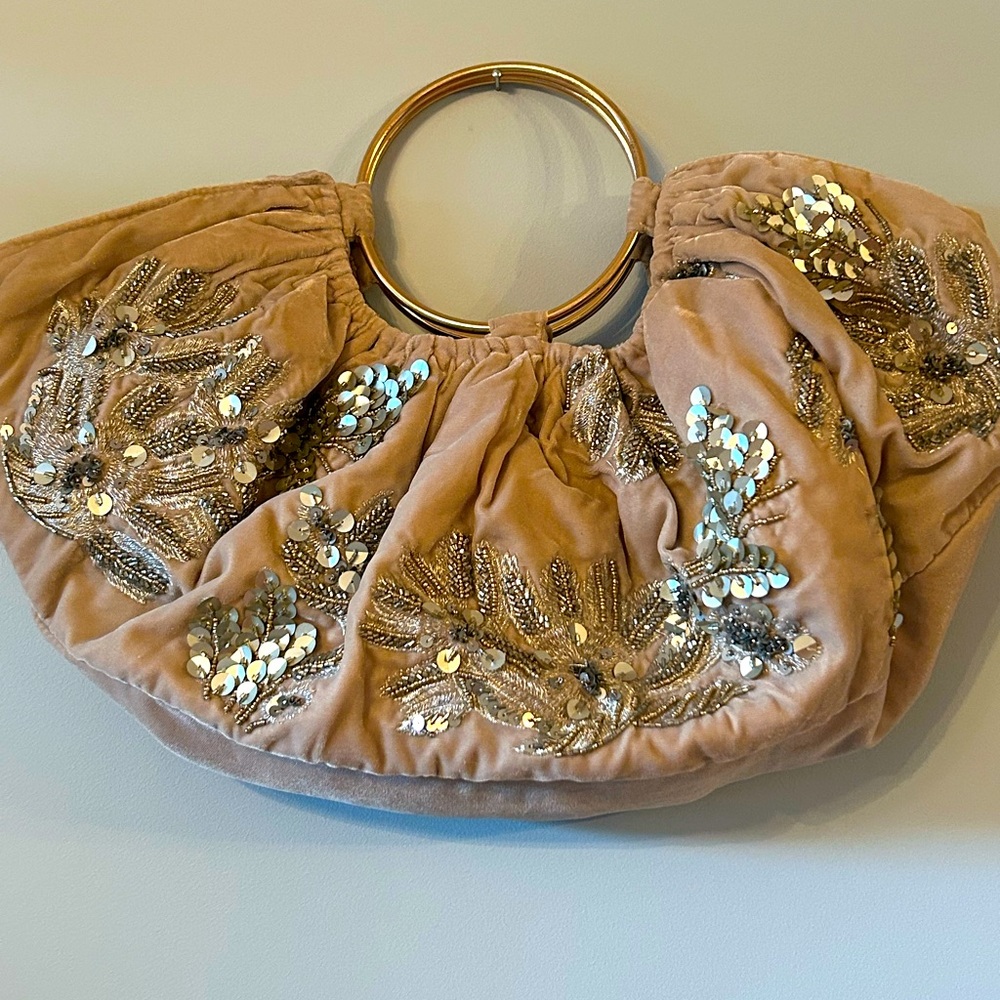 Anthropologie Velvet Crescent HoBo Bag Beaded, Sequined and Embroidered Floral